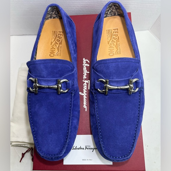 SALVATORE FERRAGAMO DRIVER LOAFER GANCINI ORNAMENT BLUE SUEDE SZ 9.5 E - NEW! - Picture 3 of 16